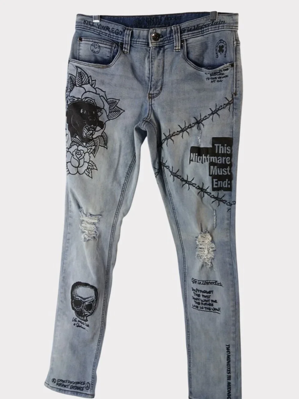 Ninth Hall Rogue Mens Printed Light Aged Skinny Jeans Size 32 Distressed Graphic